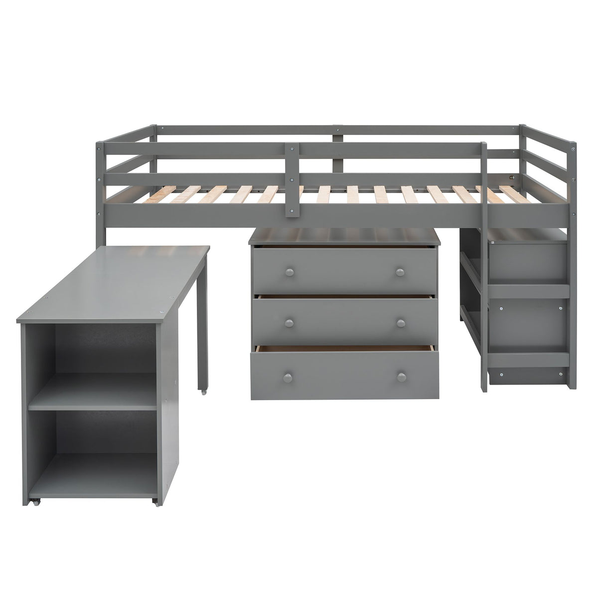 Low Twin Loft Bed with Rolling Desk and Cabinet