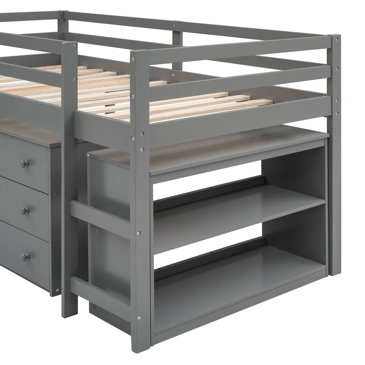 Low Twin Loft Bed with Rolling Desk and Cabinet
