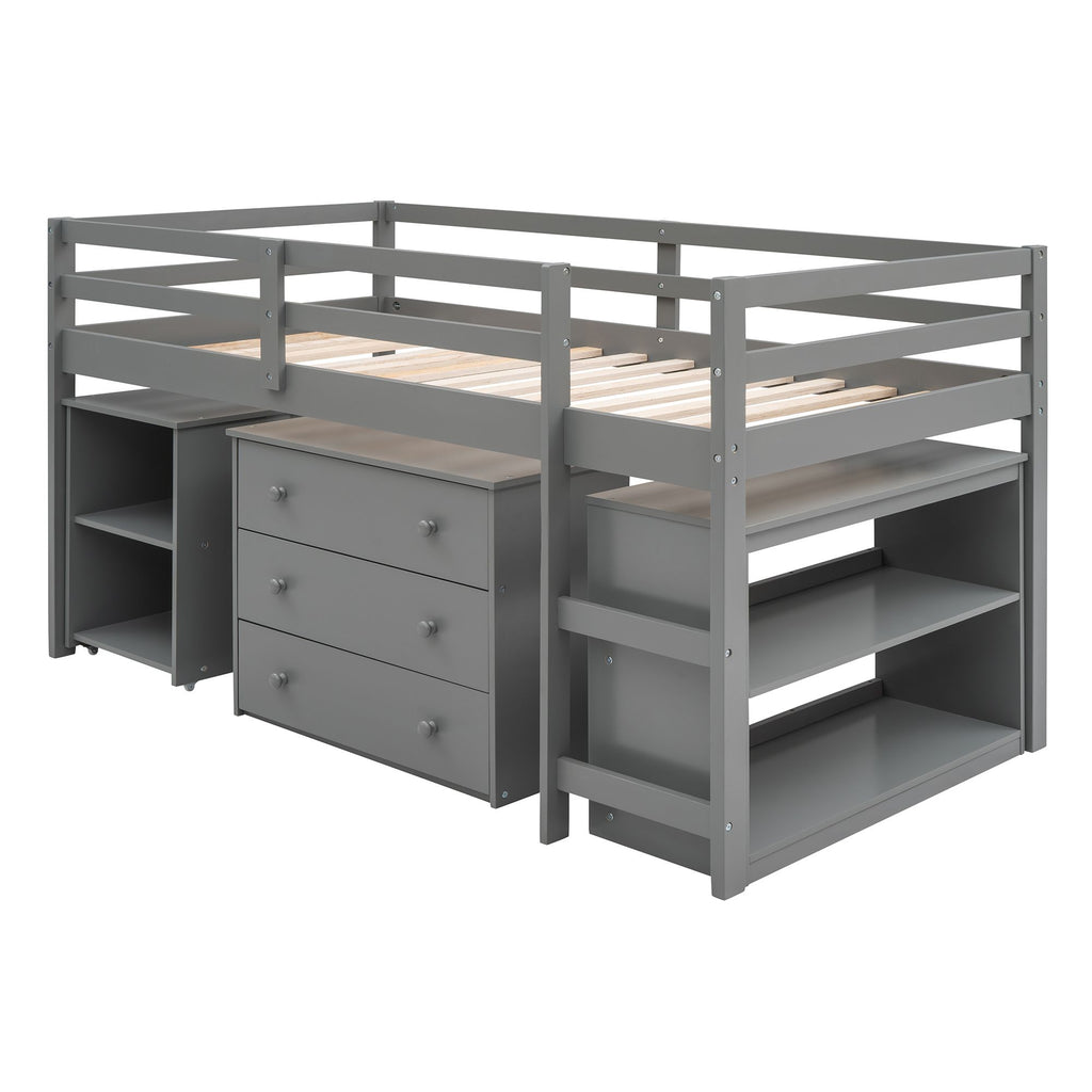 Low Twin Loft Bed with Rolling Desk and Cabinet