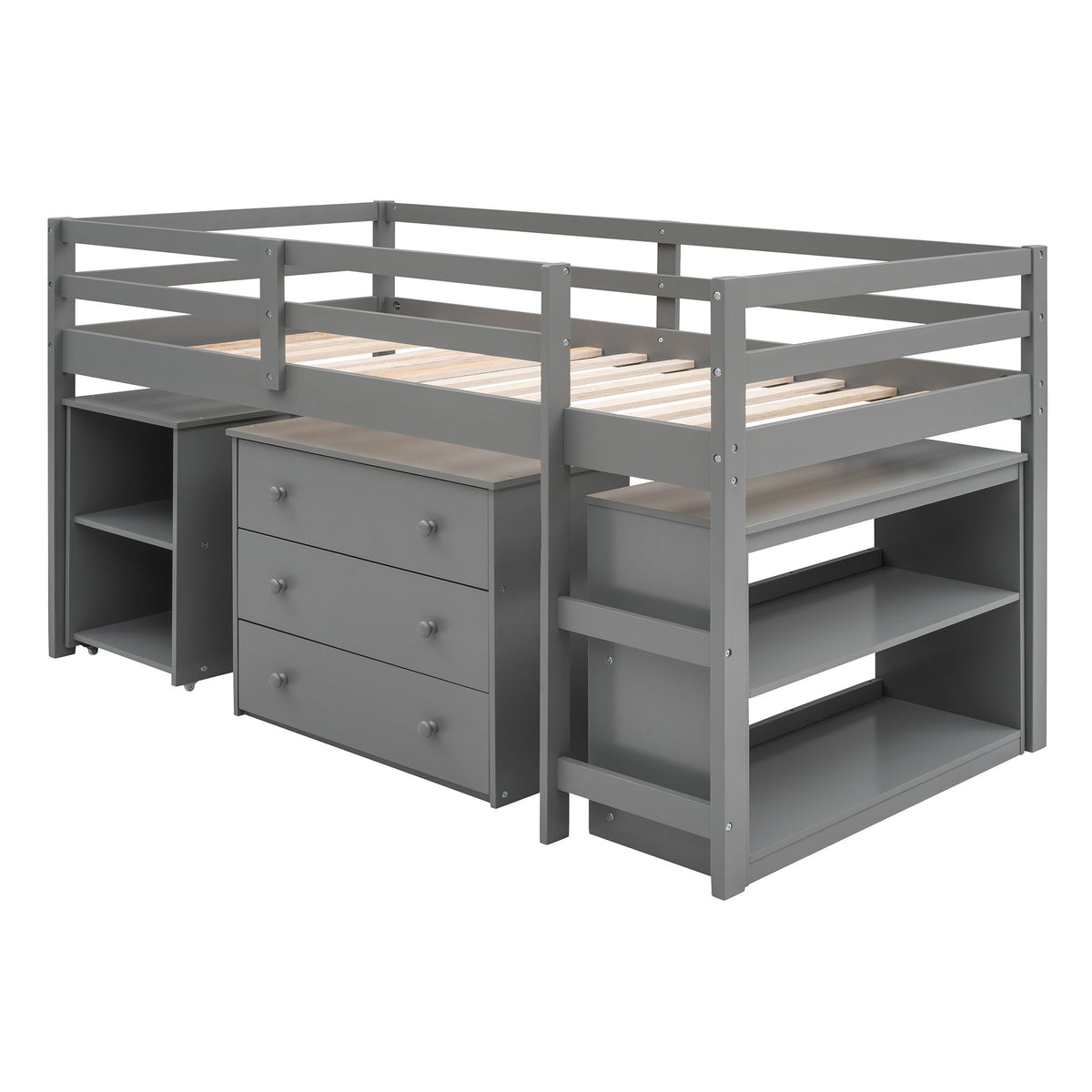 Low Twin Loft Bed with Rolling Desk and Cabinet
