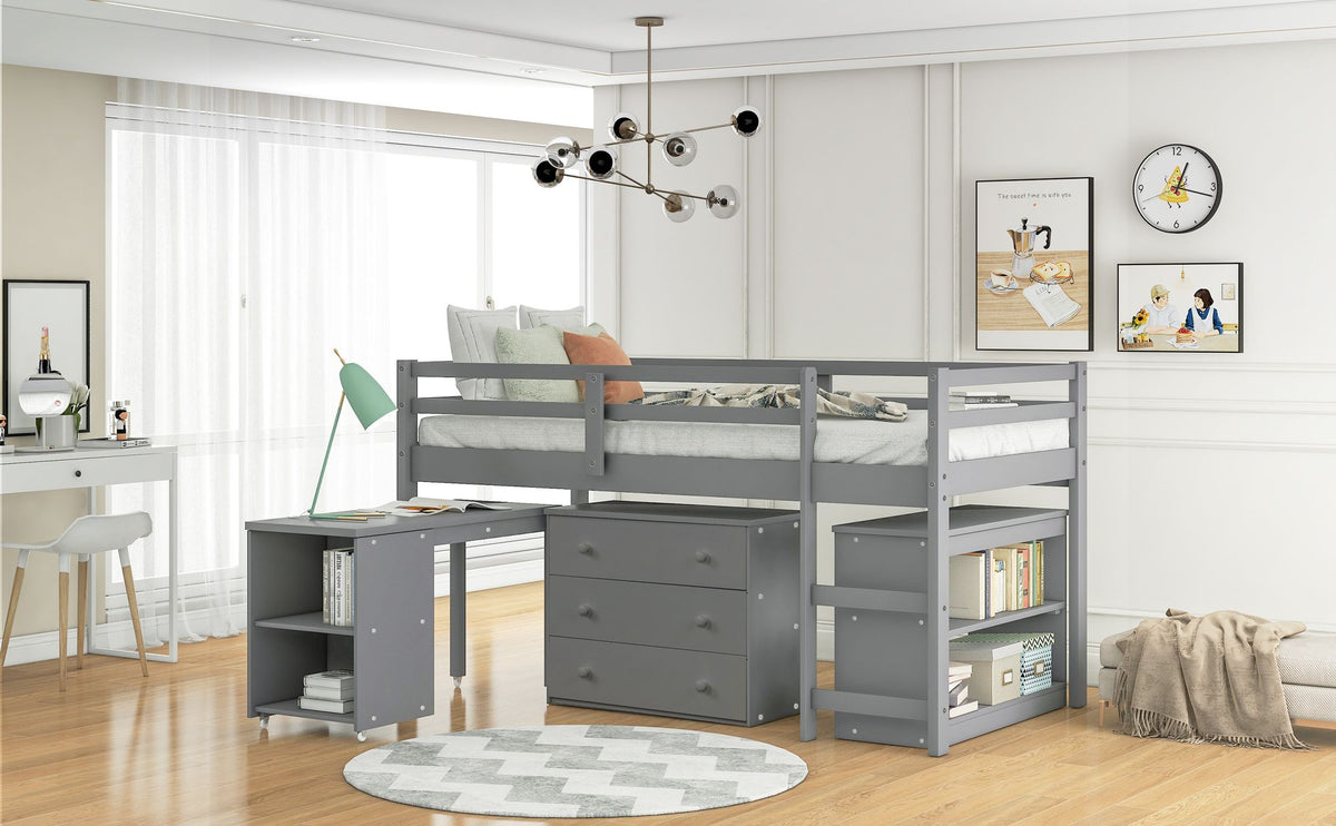 Low Twin Loft Bed with Rolling Desk and Cabinet