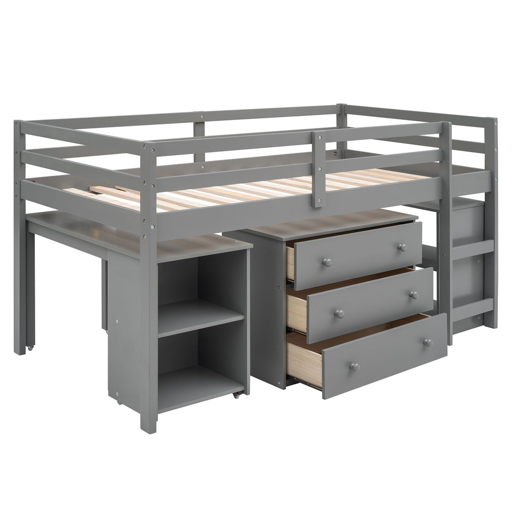 Low Twin Loft Bed with Rolling Desk and Cabinet