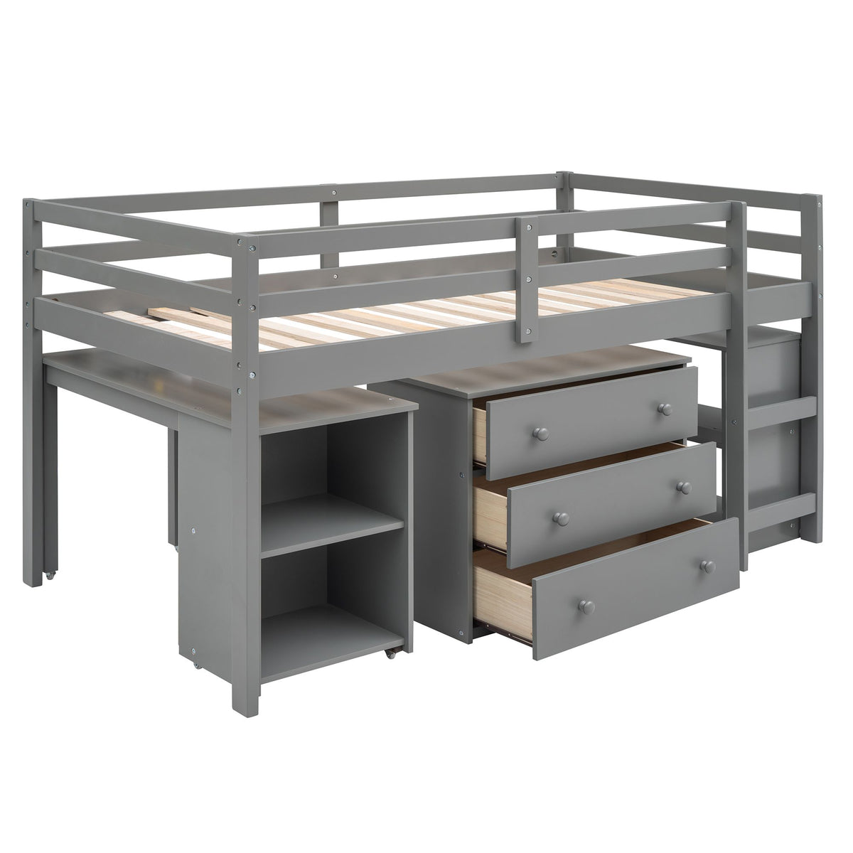 Low Twin Loft Bed with Rolling Desk and Cabinet