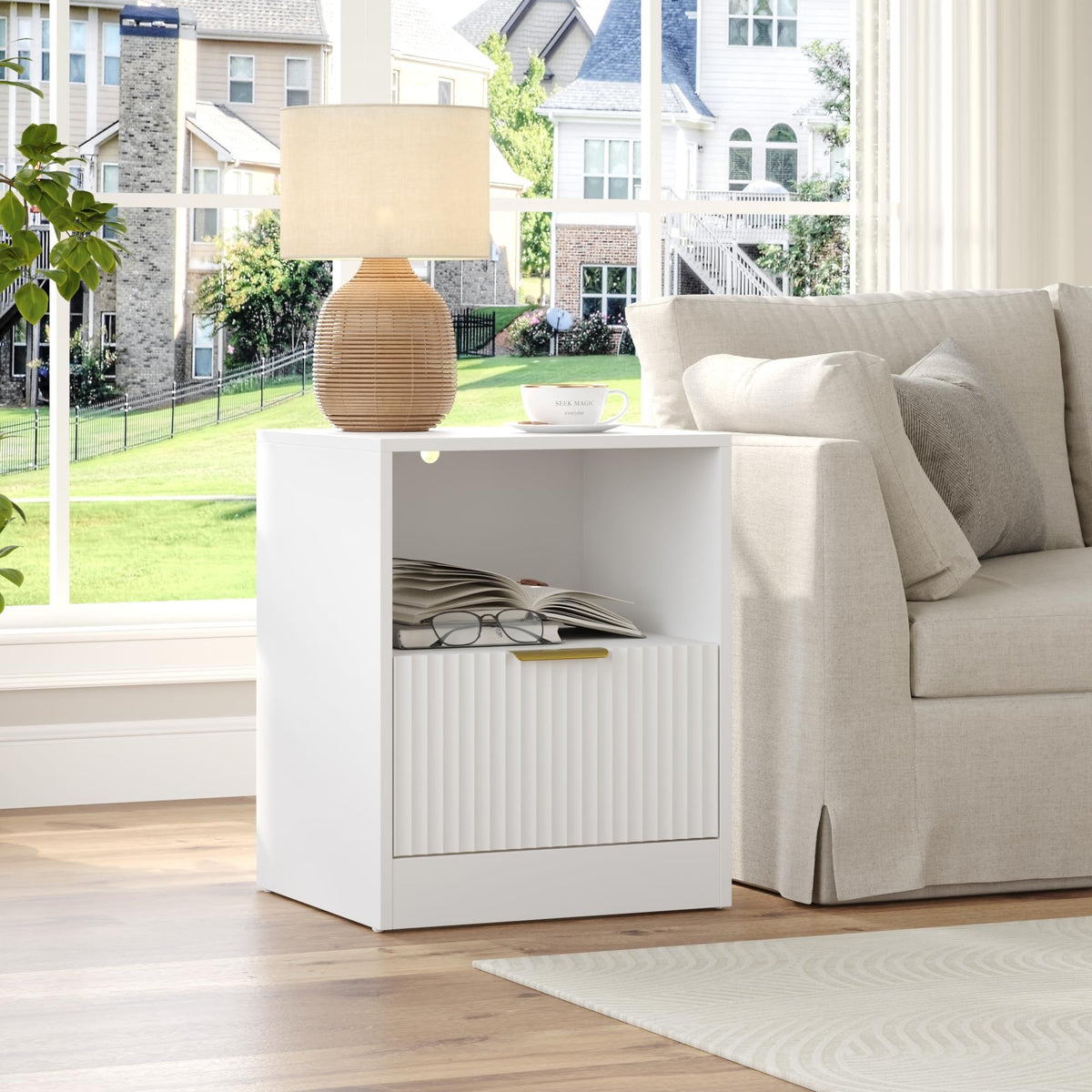 Modern White Bedside Cabinet with Gold Handles