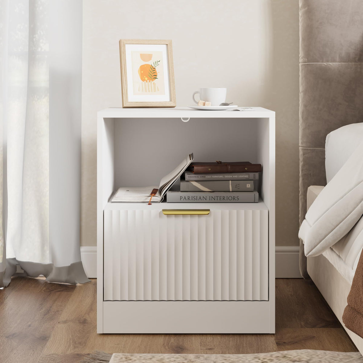 Modern White Bedside Cabinet with Gold Handles