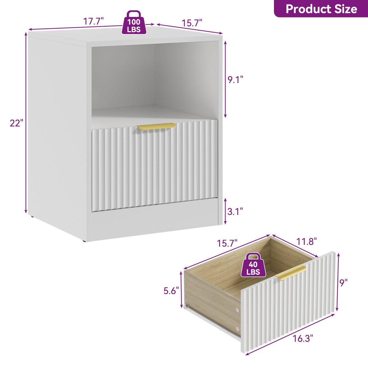 Modern White Bedside Cabinet with Gold Handles