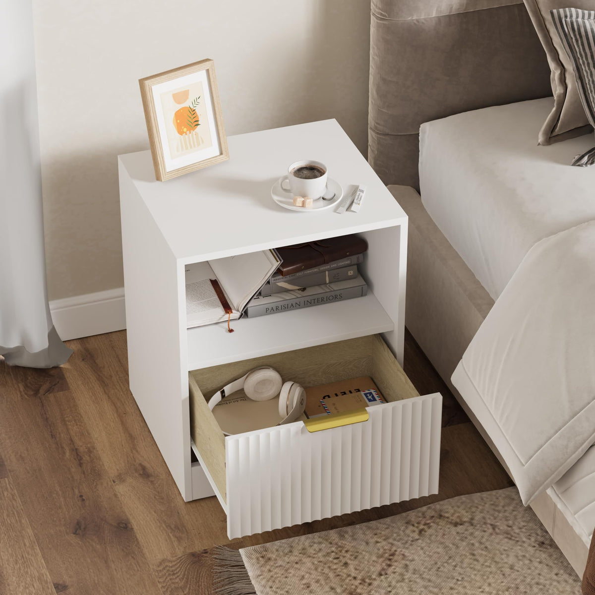 Modern White Bedside Cabinet with Gold Handles