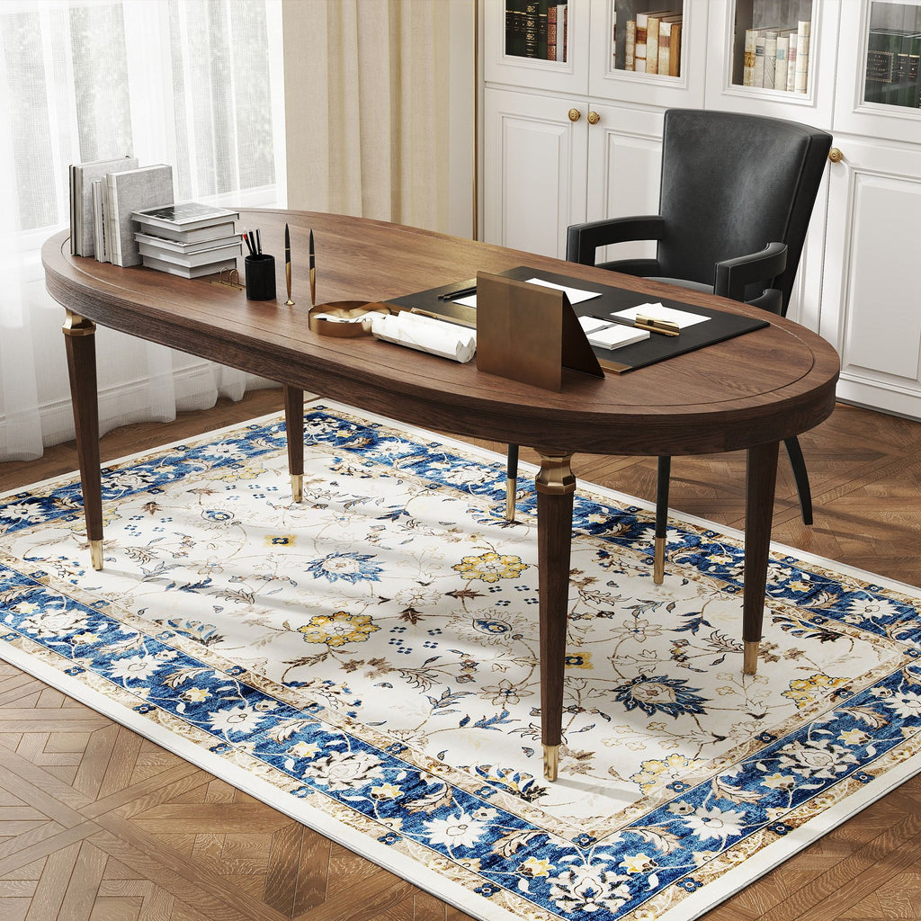 Blue Boho Floral Machine-Washable Area Rug