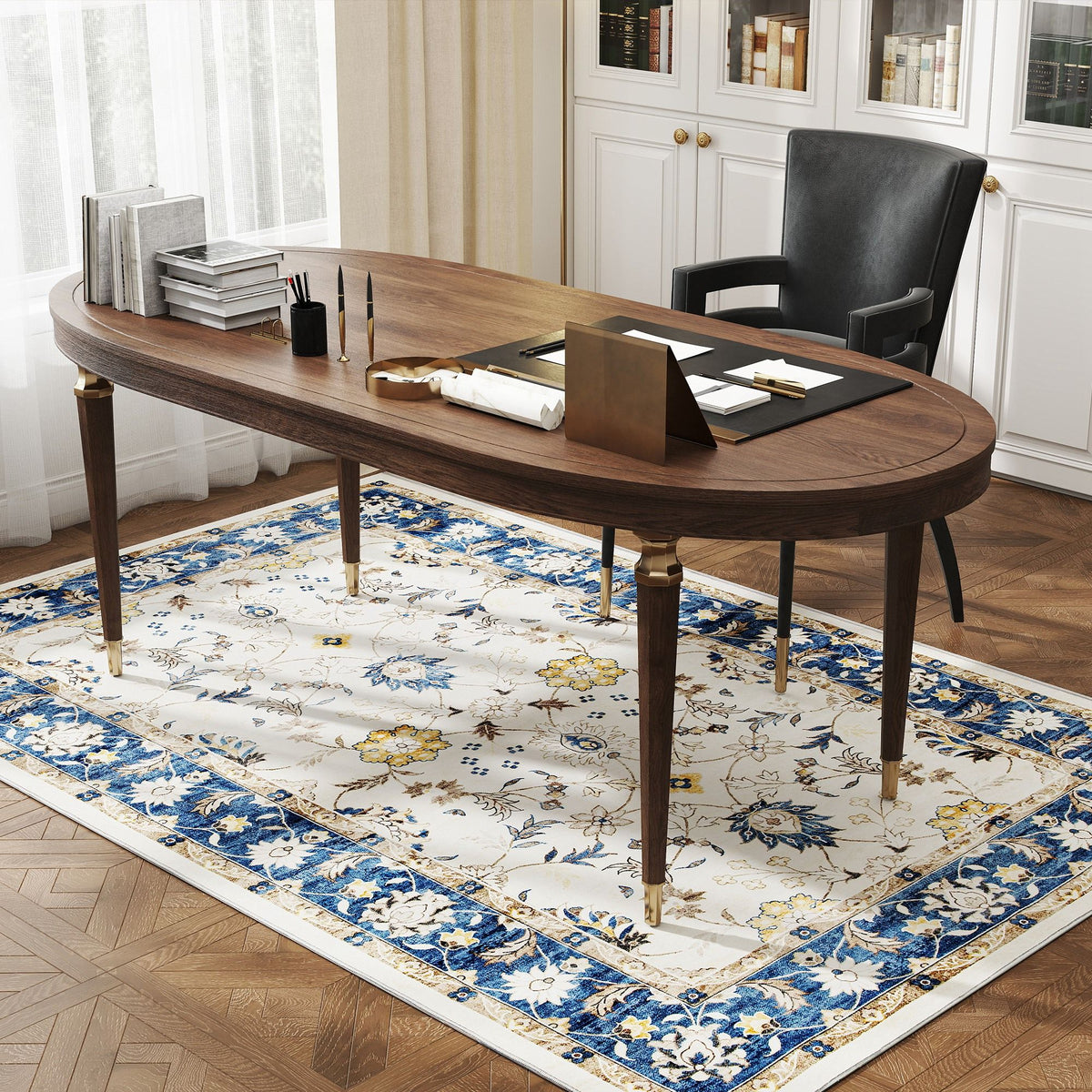 Blue Boho Floral Machine-Washable Area Rug