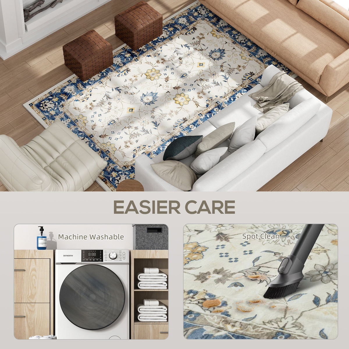 Blue Boho Floral Machine-Washable Area Rug