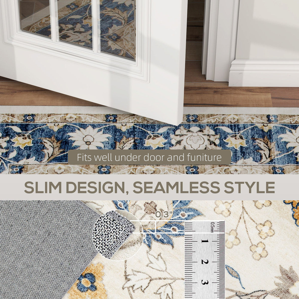 Blue Boho Floral Machine-Washable Area Rug