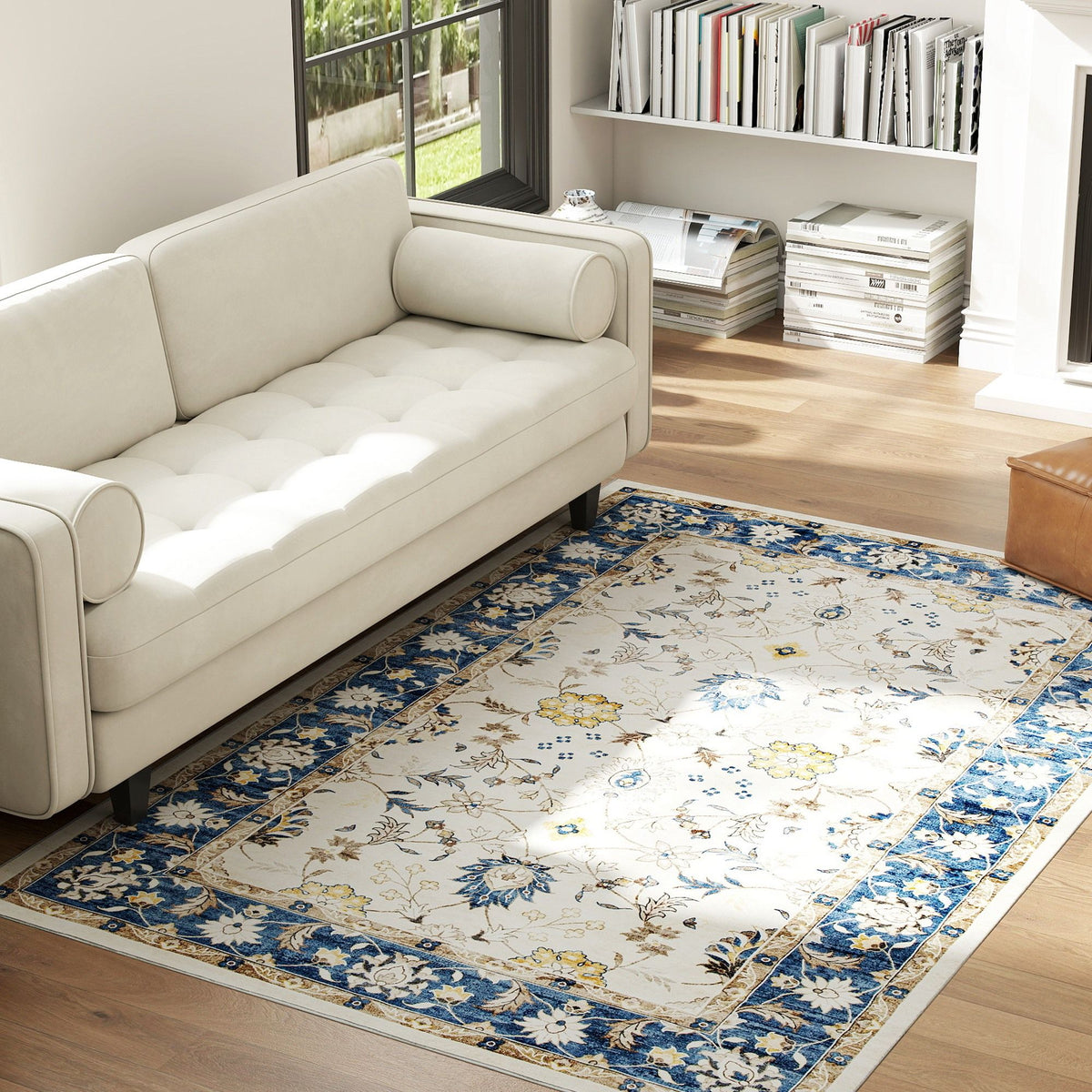 Blue Boho Floral Machine-Washable Area Rug