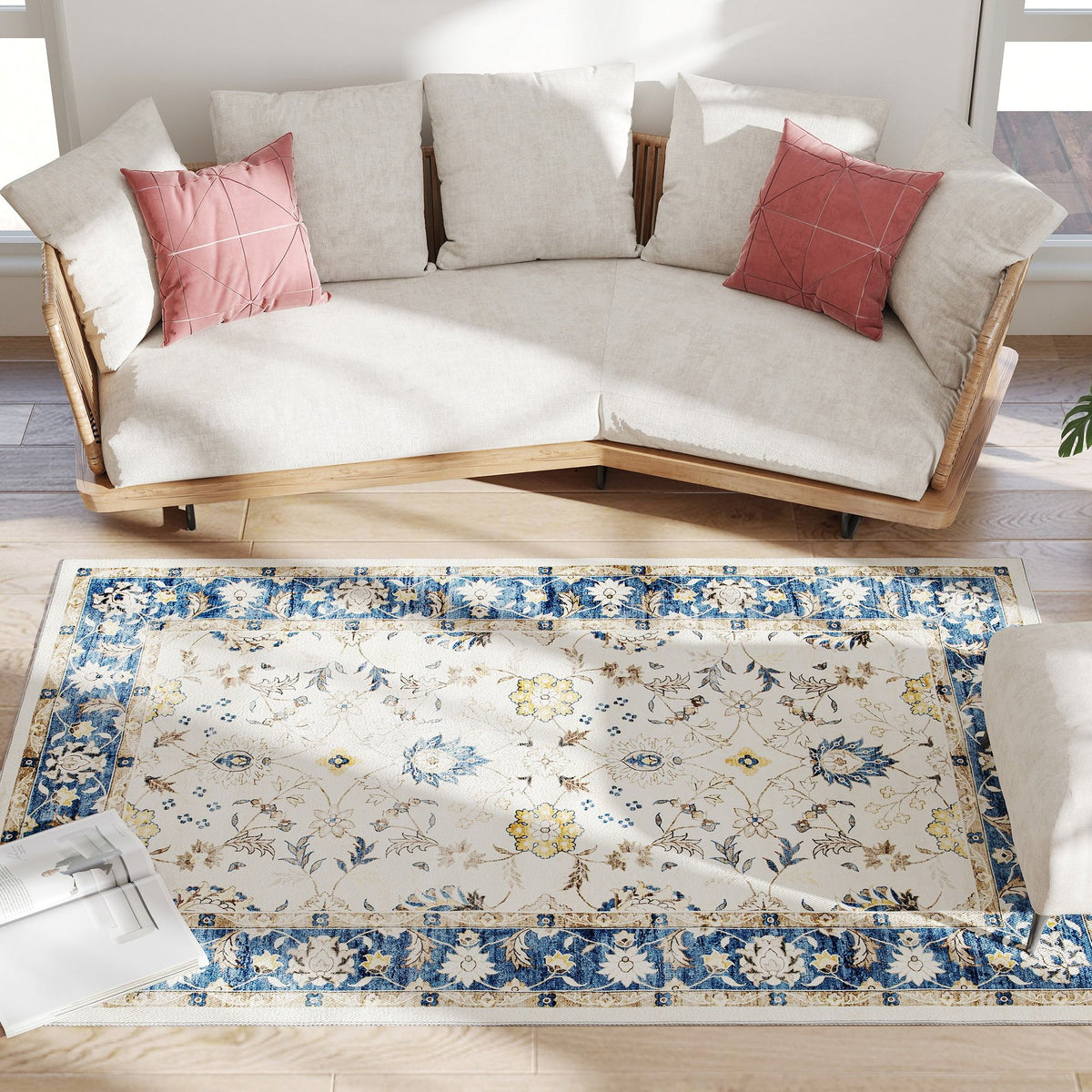 Blue Boho Floral Machine-Washable Area Rug