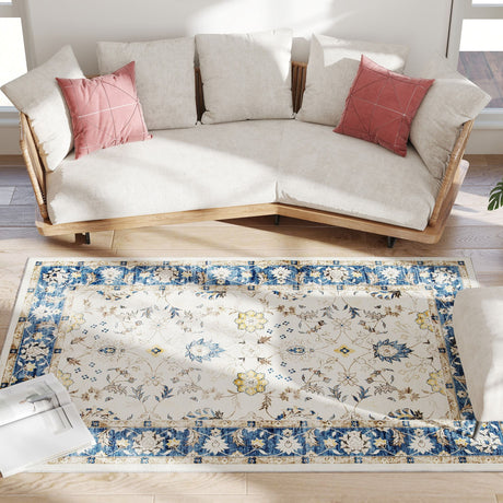 Blue Boho Floral Machine-Washable Area Rug