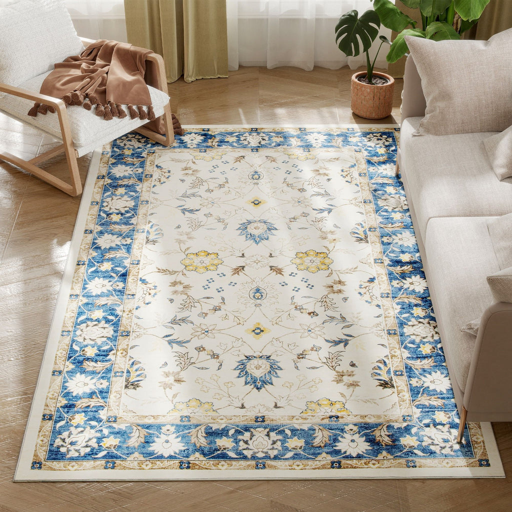 Blue Boho Floral Machine-Washable Area Rug