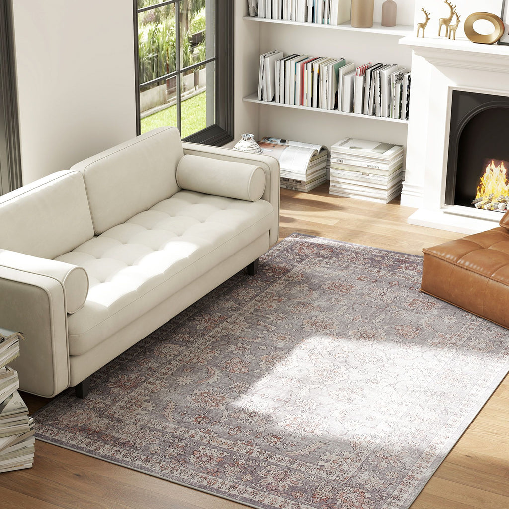 Elegant Distressed Floral Area Rug, Machine Washable & Soft Chenille