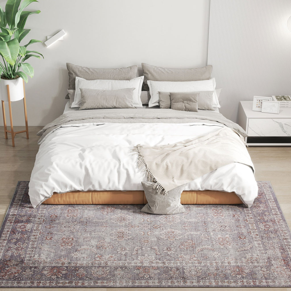Elegant Distressed Floral Area Rug, Machine Washable & Soft Chenille