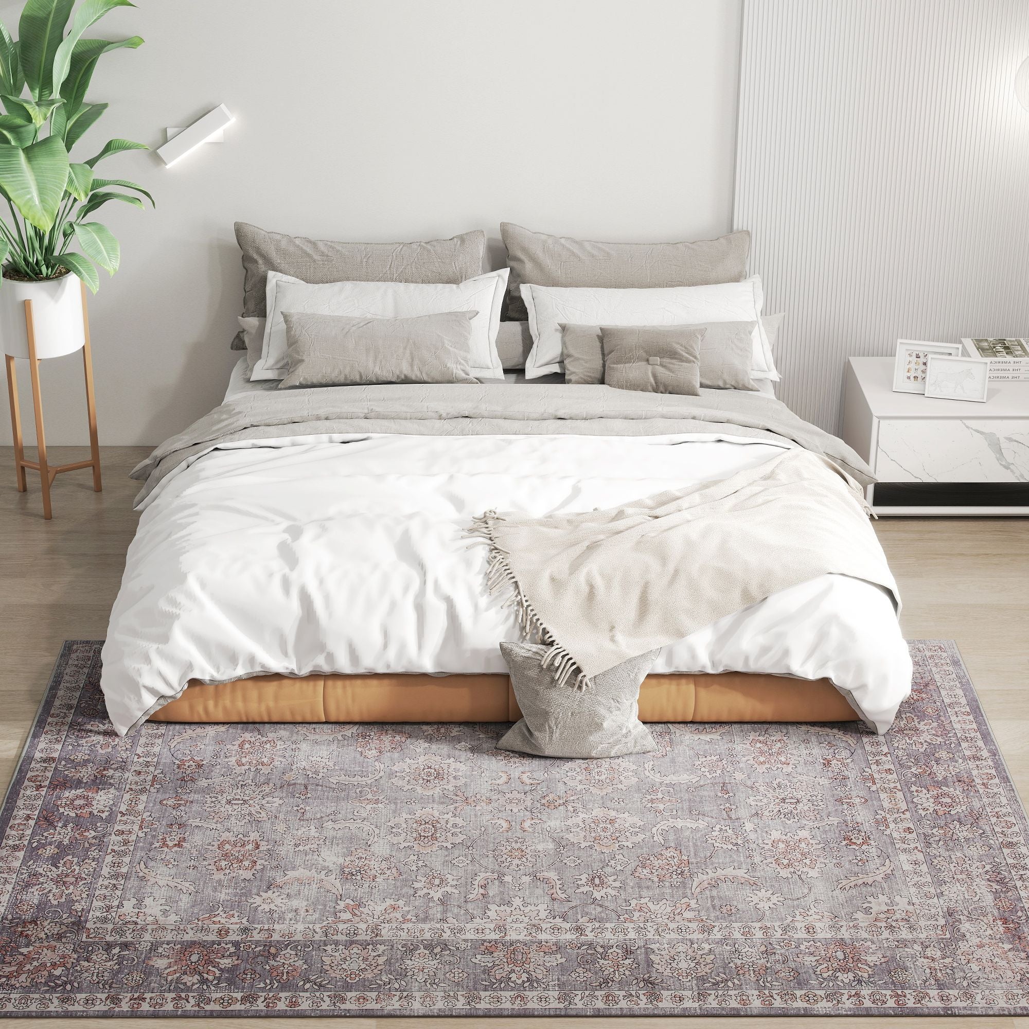 Elegant Distressed Floral Area Rug, Machine Washable & Soft Chenille