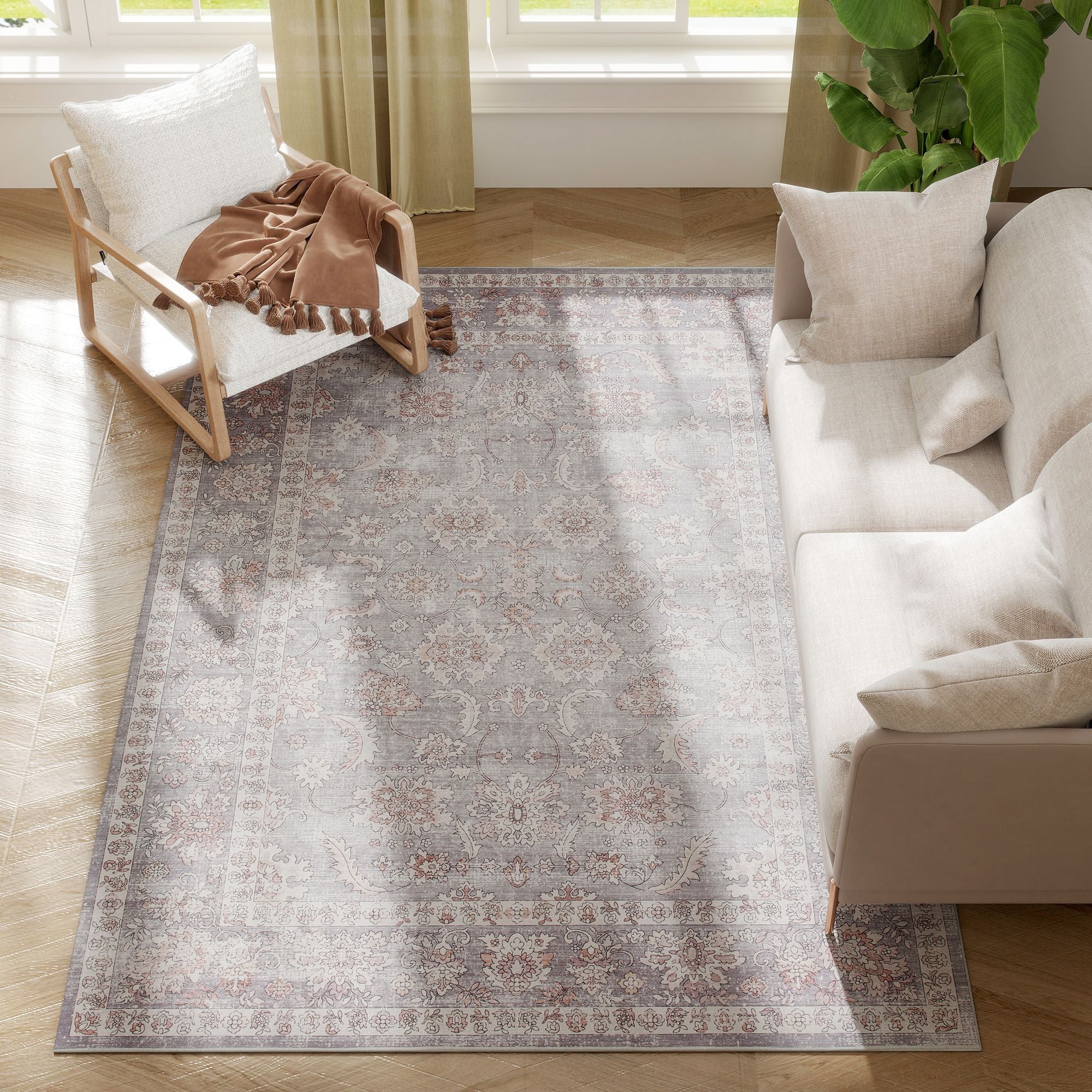 Elegant Distressed Floral Area Rug, Machine Washable & Soft Chenille