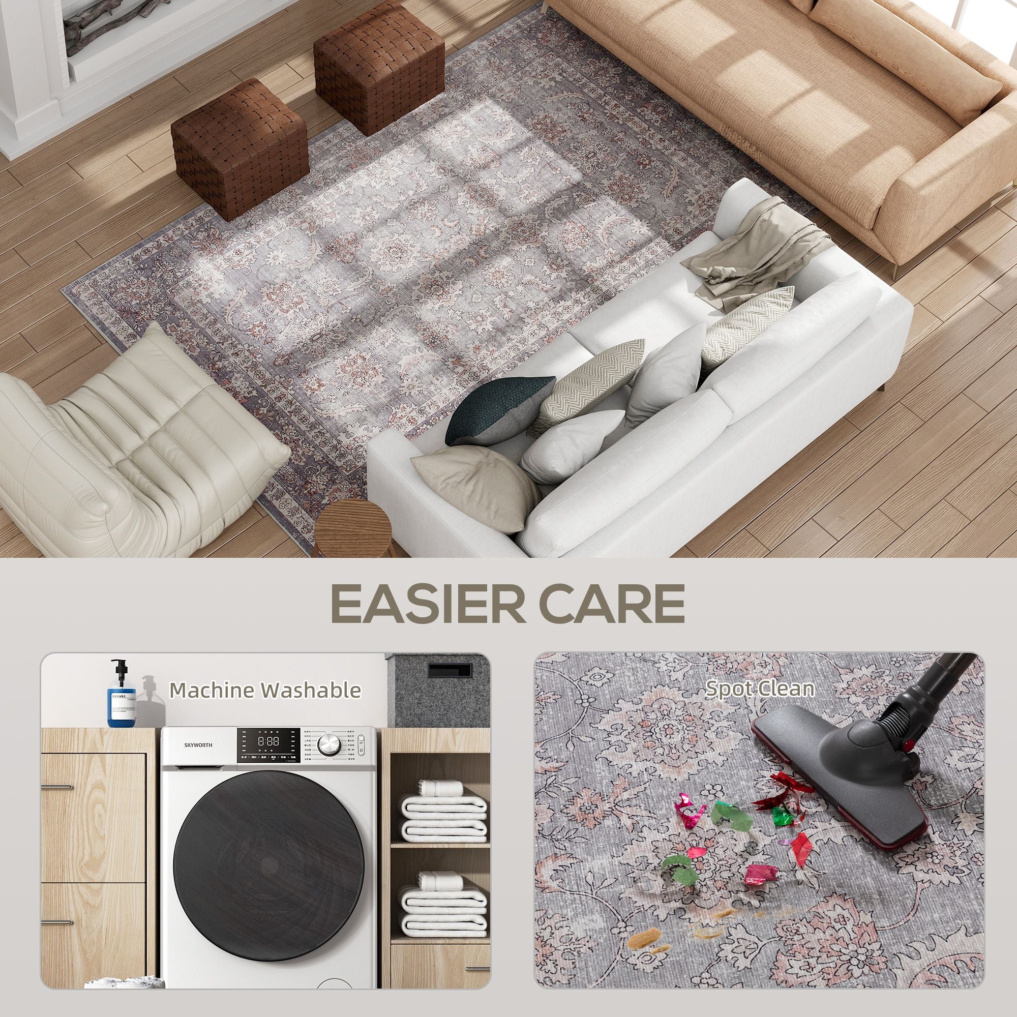 Elegant Distressed Floral Area Rug, Machine Washable & Soft Chenille