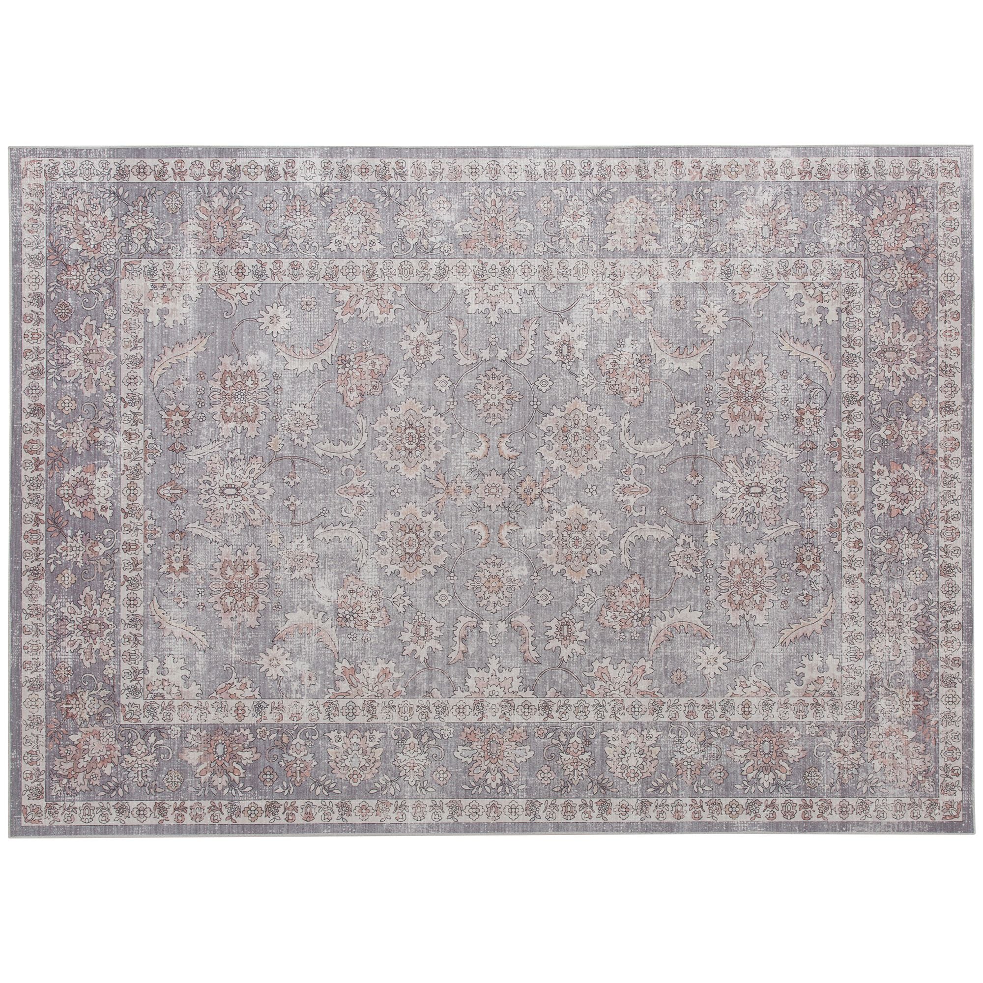 Elegant Distressed Floral Area Rug, Machine Washable & Soft Chenille