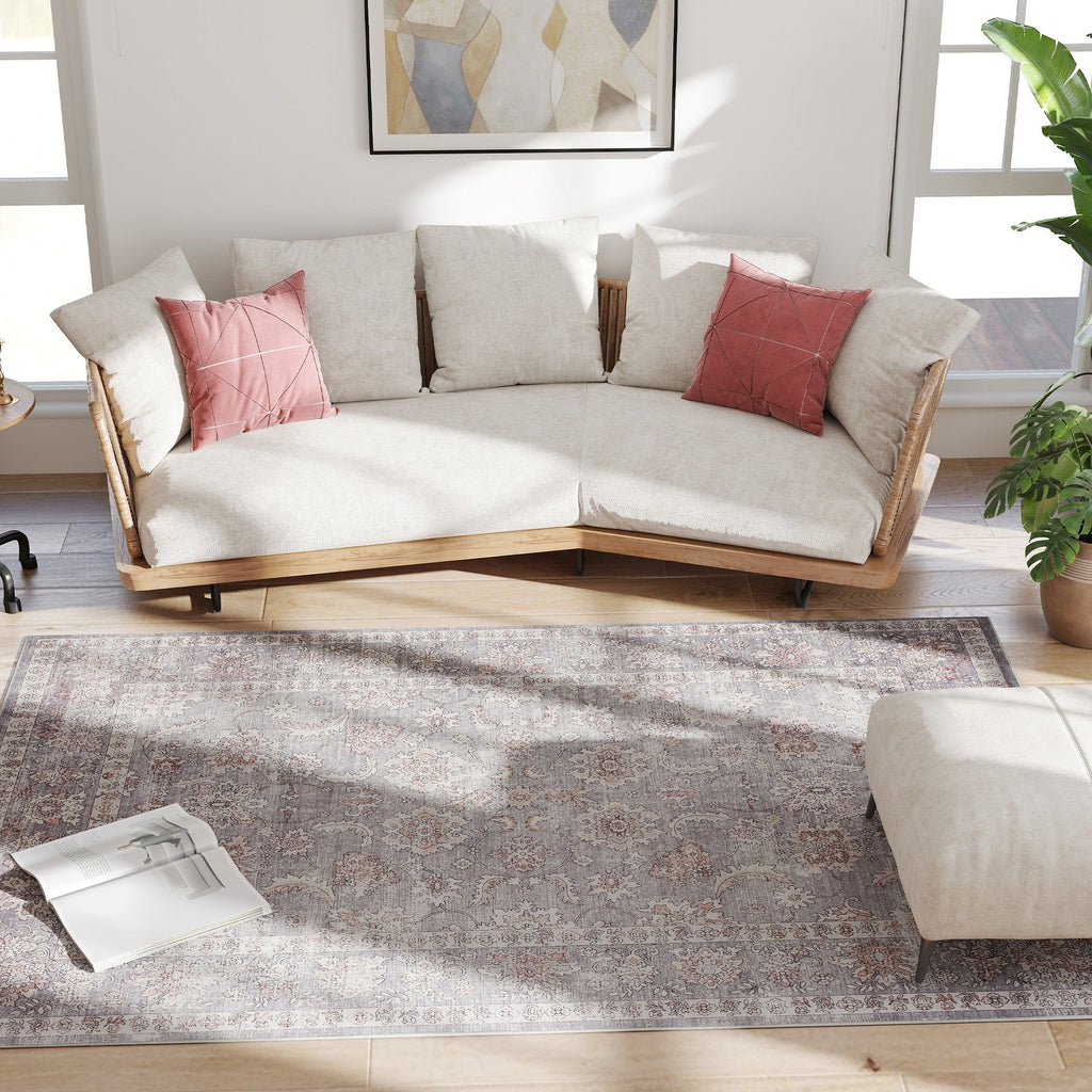 Elegant Distressed Floral Area Rug, Machine Washable & Soft Chenille