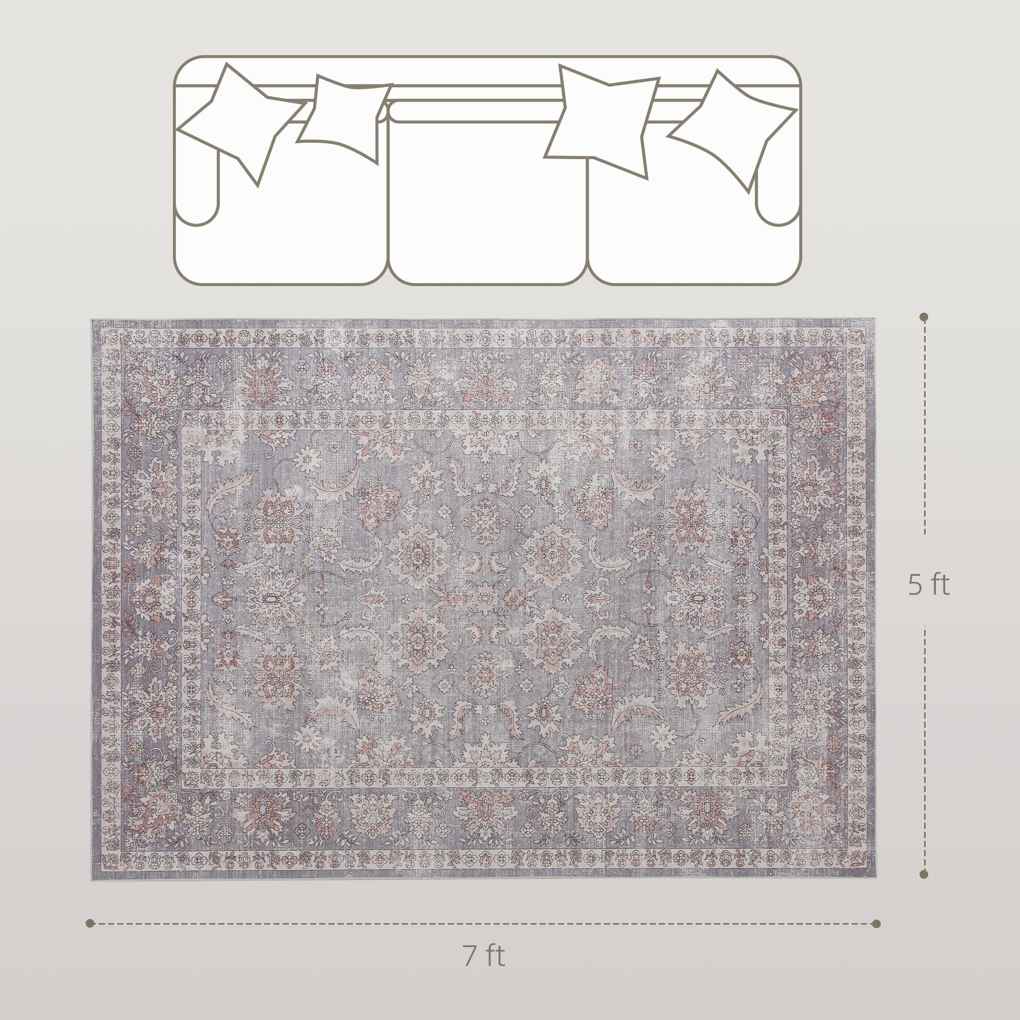 Elegant Distressed Floral Area Rug, Machine Washable & Soft Chenille