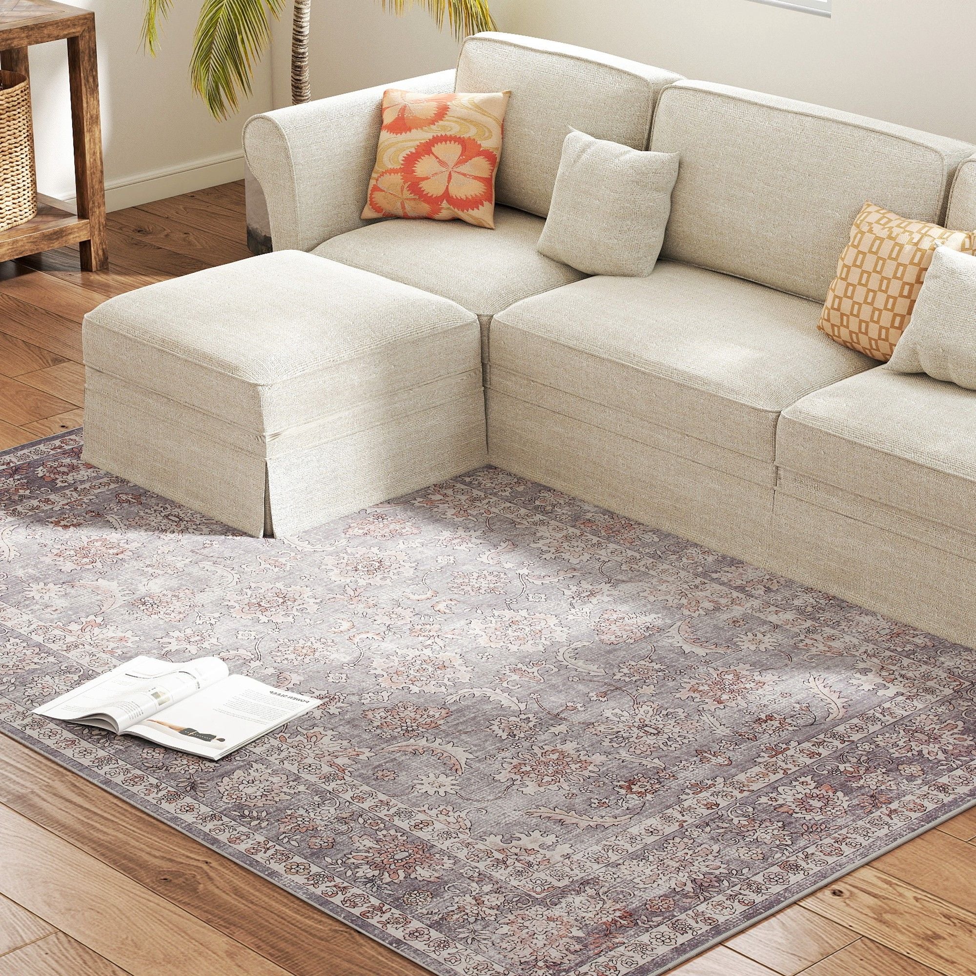 Elegant Distressed Floral Area Rug, Machine Washable & Soft Chenille