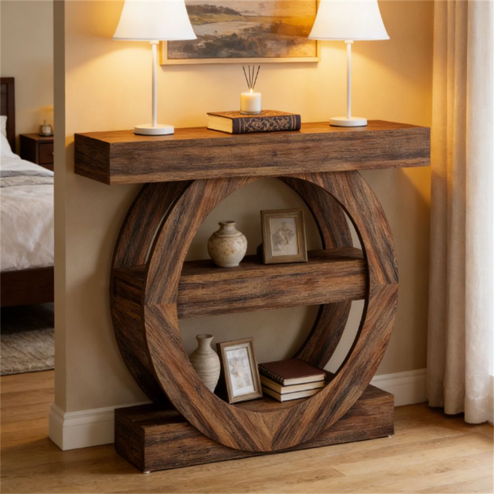 Rustic Farmhouse Console Table with Open Shelves