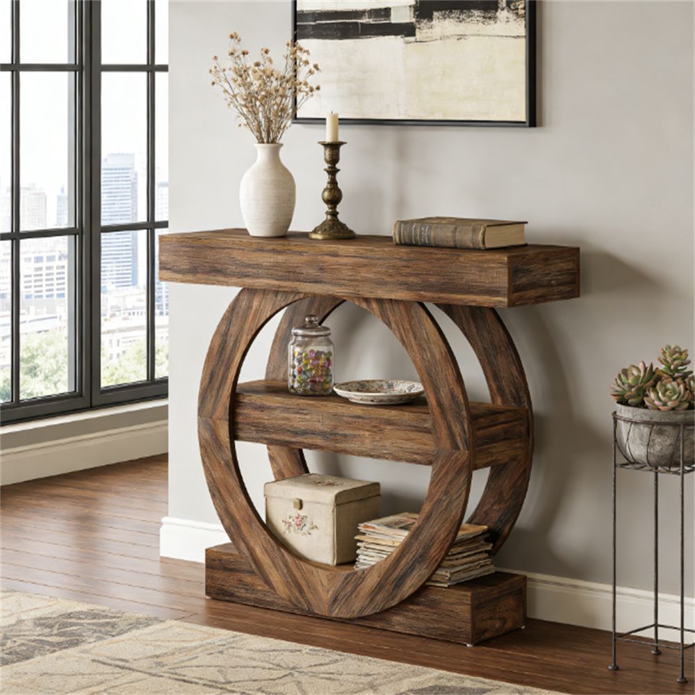 Rustic Farmhouse Console Table with Open Shelves