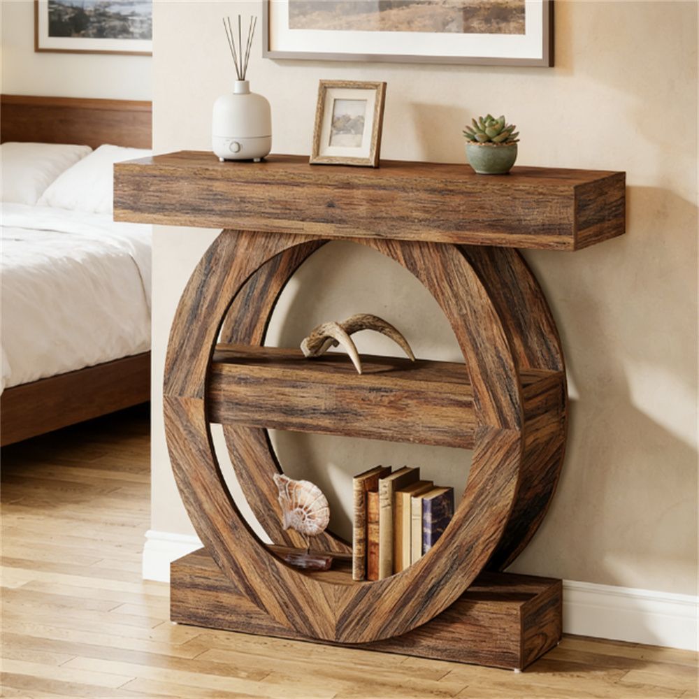 Rustic Farmhouse Console Table with Open Shelves
