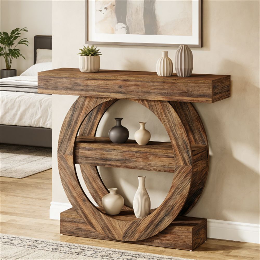 Rustic Farmhouse Console Table with Open Shelves