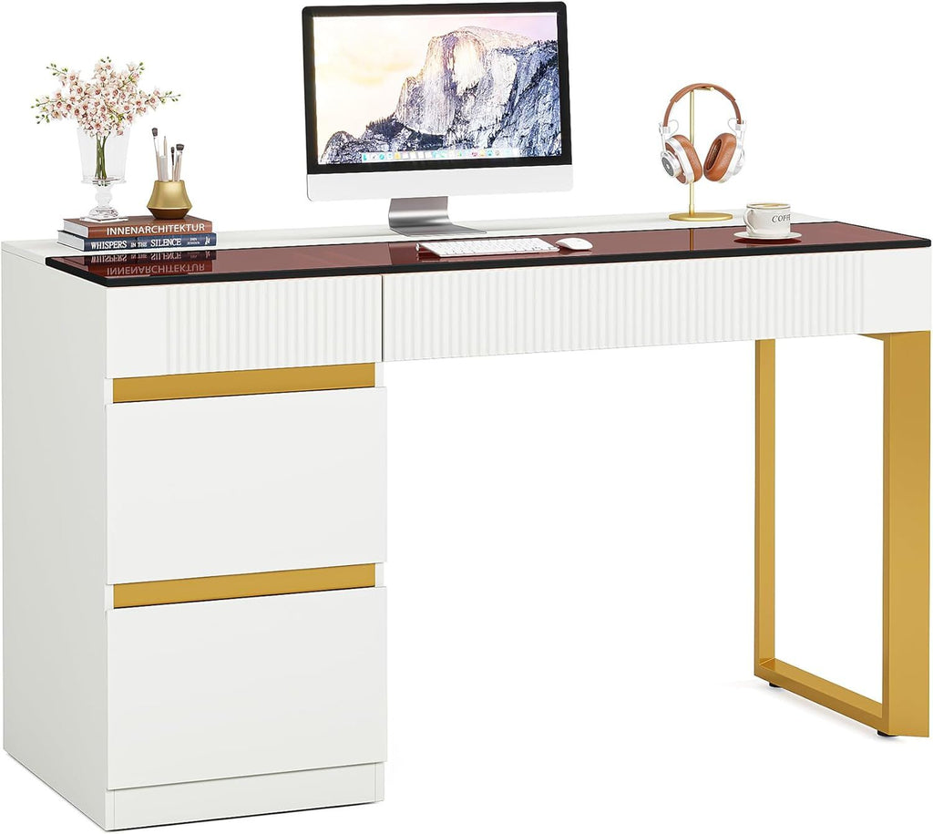 Makeup Vanity Desk with Clear Glass Top and 4 Drawers