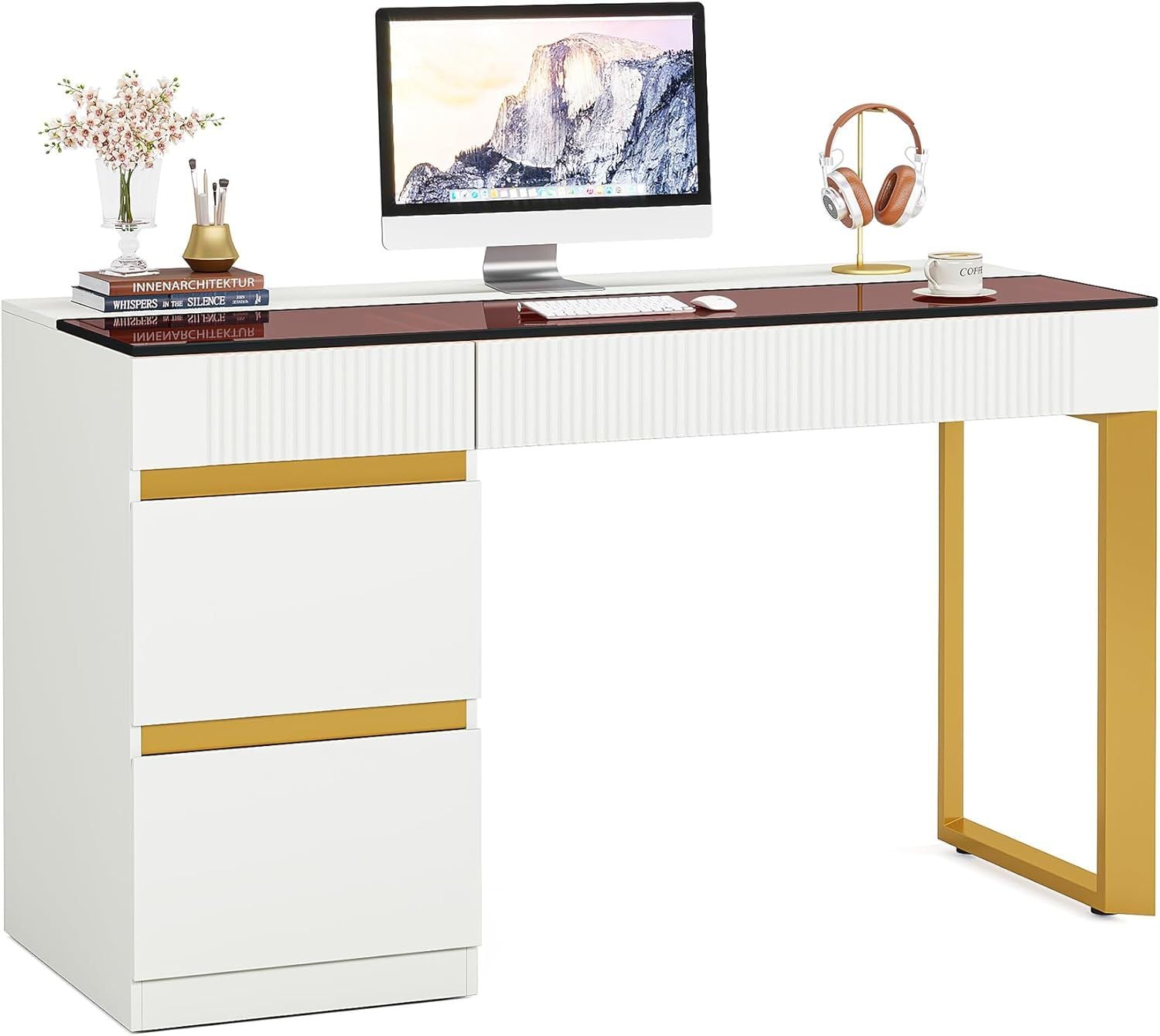 Makeup Vanity Desk with Clear Glass Top and 4 Drawers
