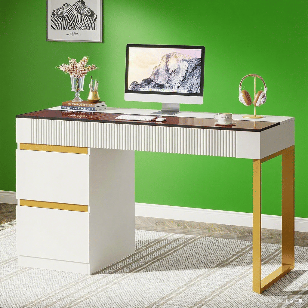 Makeup Vanity Desk with Clear Glass Top and 4 Drawers