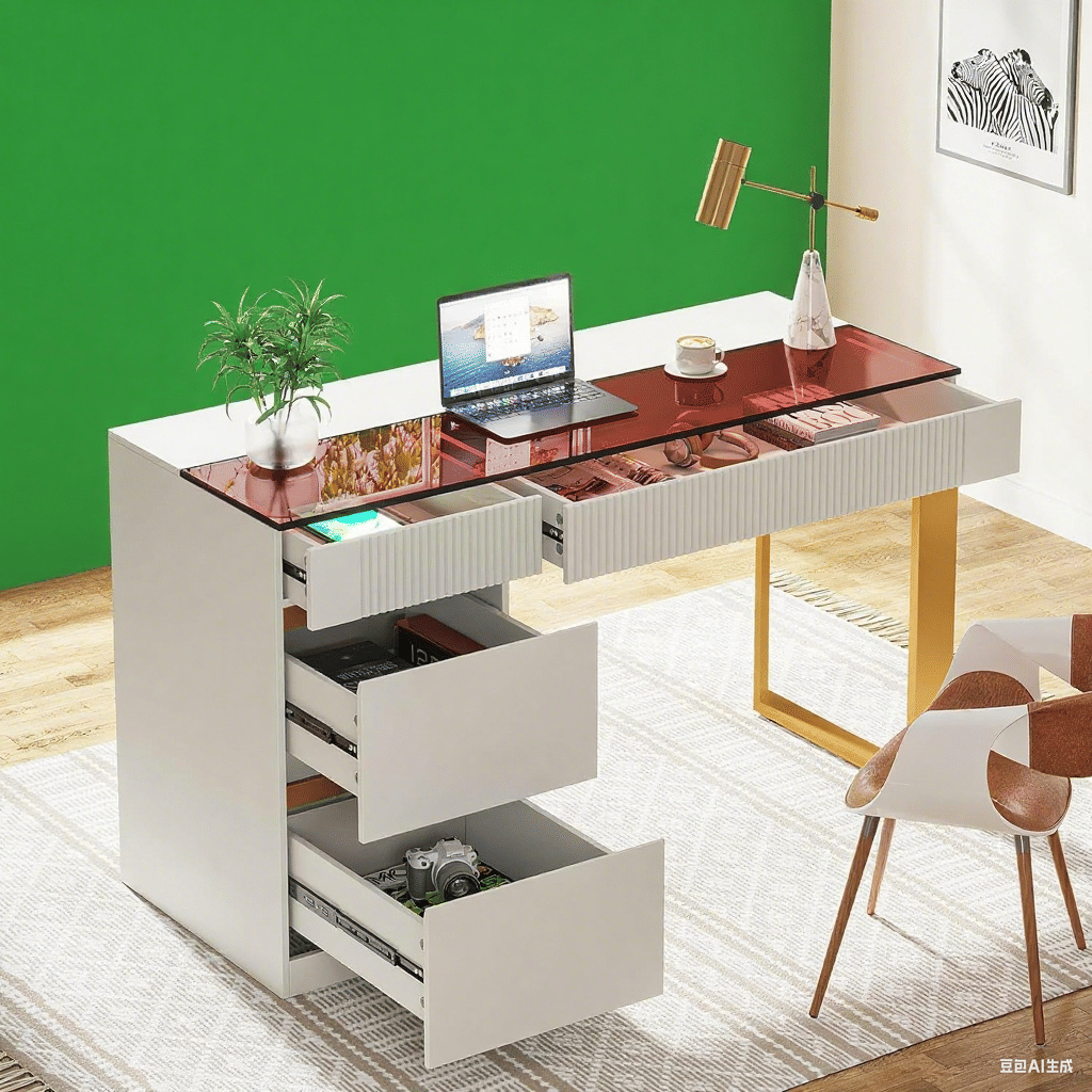 Makeup Vanity Desk with Clear Glass Top and 4 Drawers