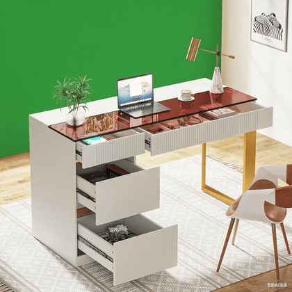 Makeup Vanity Desk with Clear Glass Top and 4 Drawers