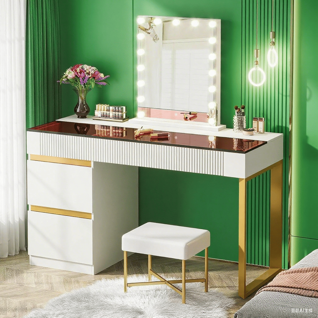 Makeup Vanity Desk with Clear Glass Top and 4 Drawers