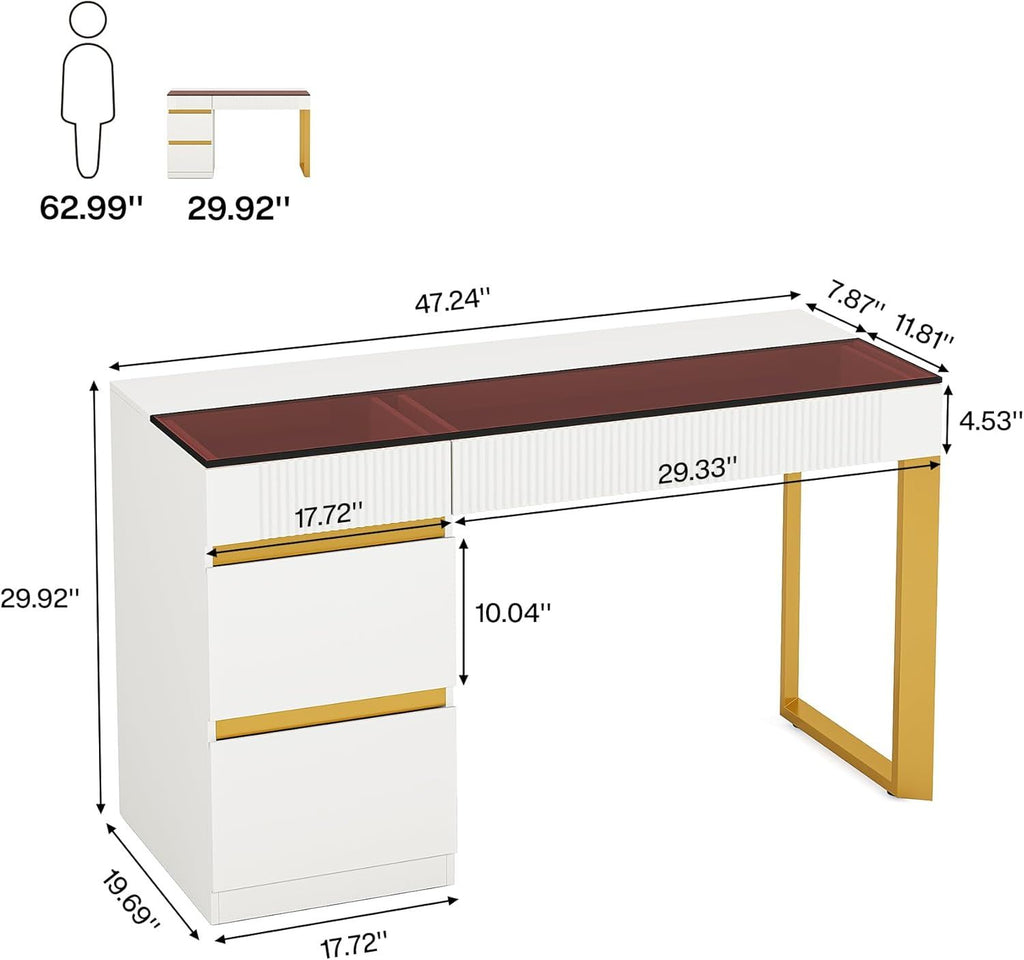 Makeup Vanity Desk with Clear Glass Top and 4 Drawers