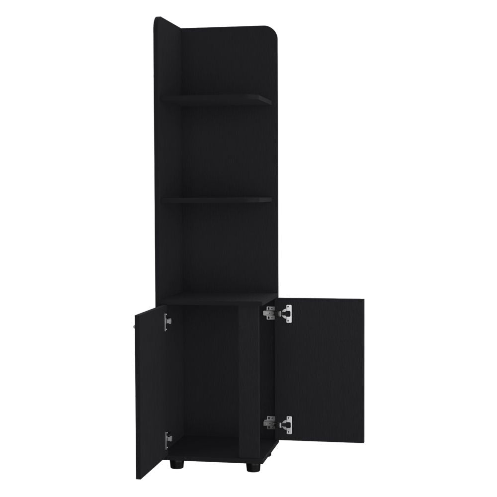 Malibu 62- Tall Corner Linen Cabinet with Open Shelves and Double Door Storage
