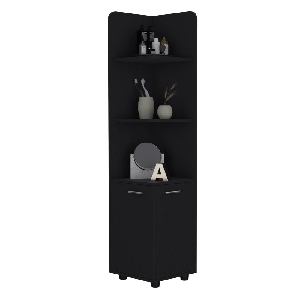 Malibu 62- Tall Corner Linen Cabinet with Open Shelves and Double Door Storage