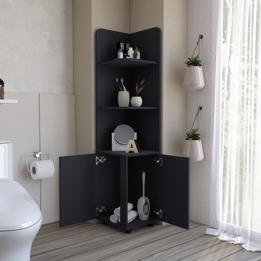 Malibu 62- Tall Corner Linen Cabinet with Open Shelves and Double Door Storage