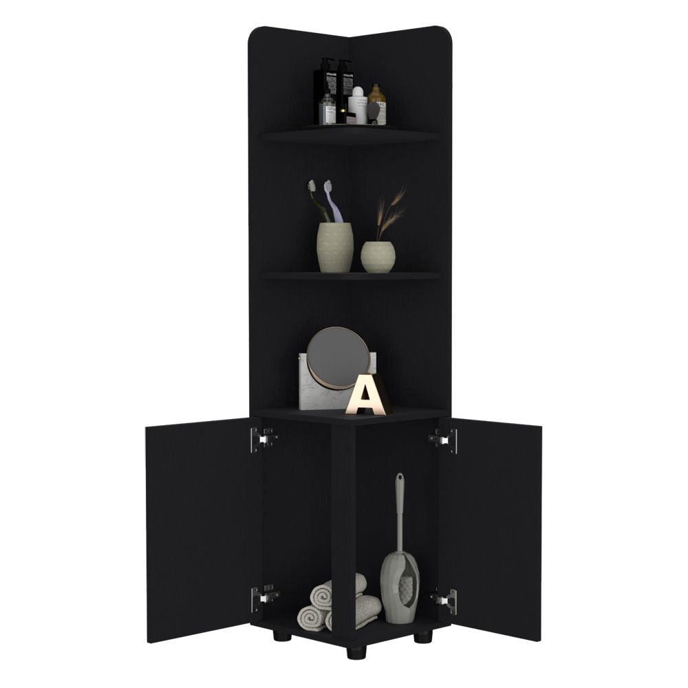 Malibu 62- Tall Corner Linen Cabinet with Open Shelves and Double Door Storage