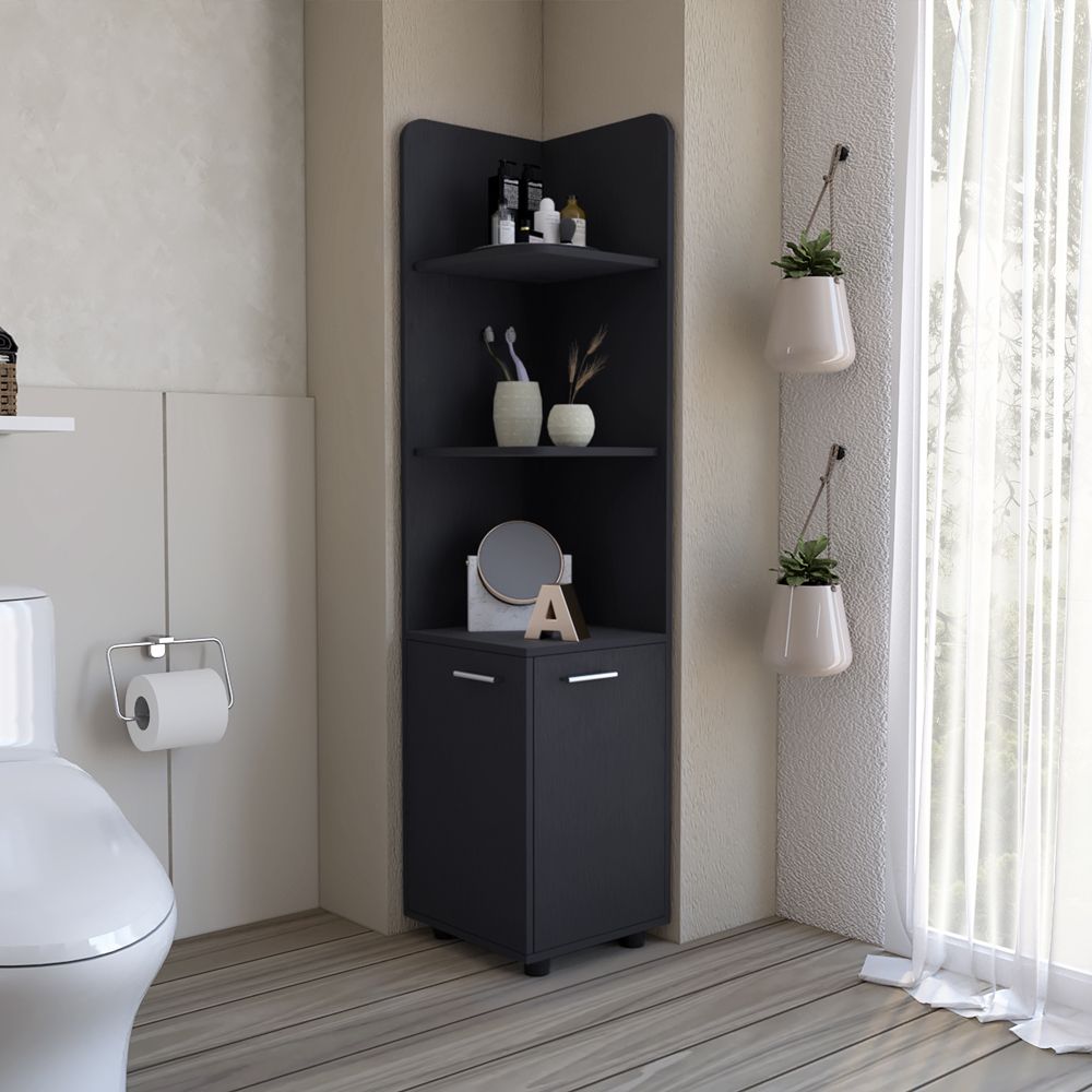 Malibu 62- Tall Corner Linen Cabinet with Open Shelves and Double Door Storage