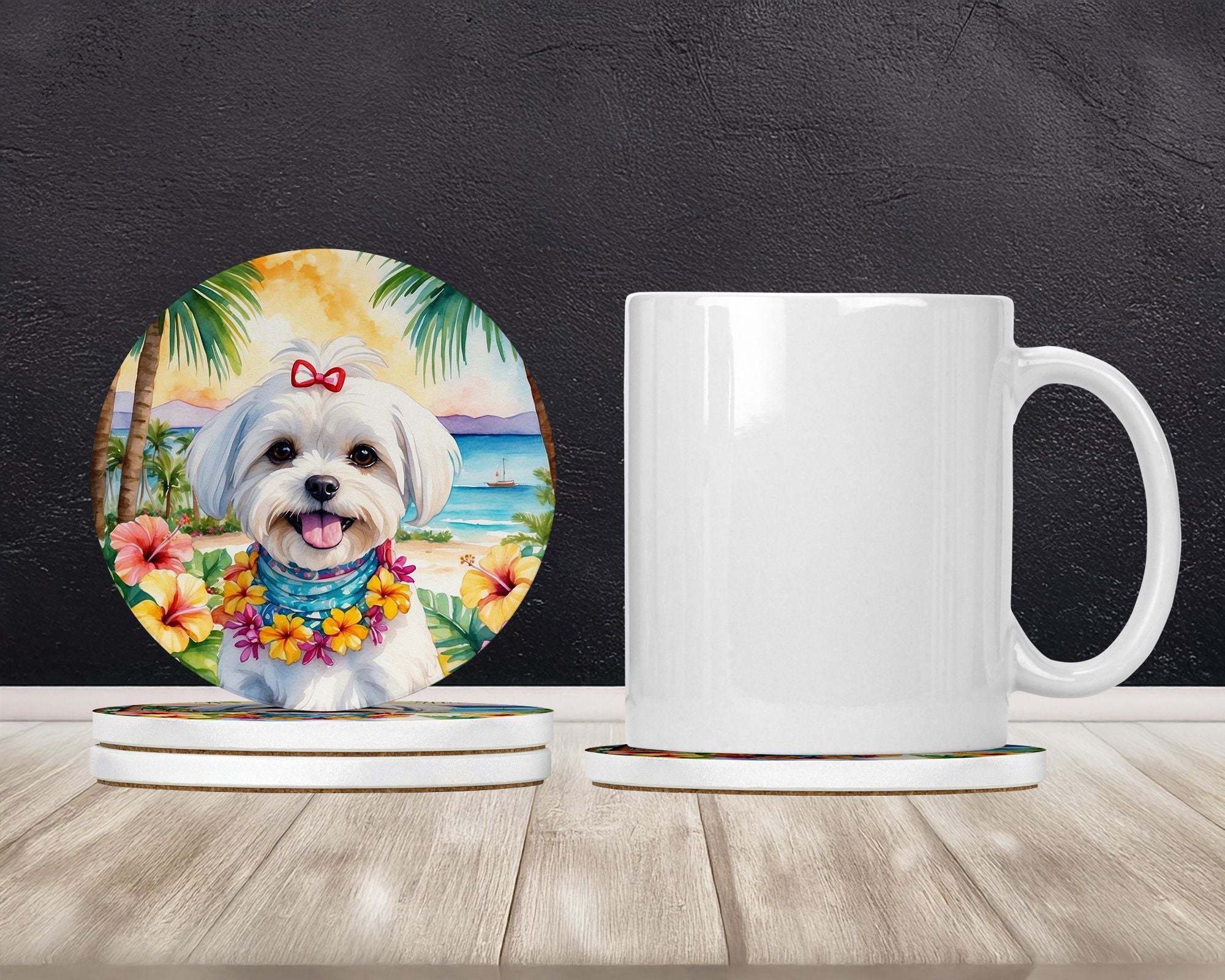 Maltese Luau Absorbent Coaster Set with Cork Backing