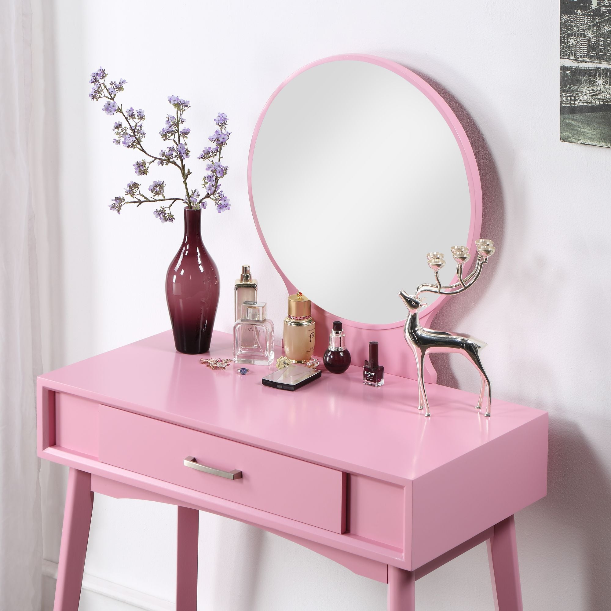 Maly Contemporary Vanity and Stool Set in Pink