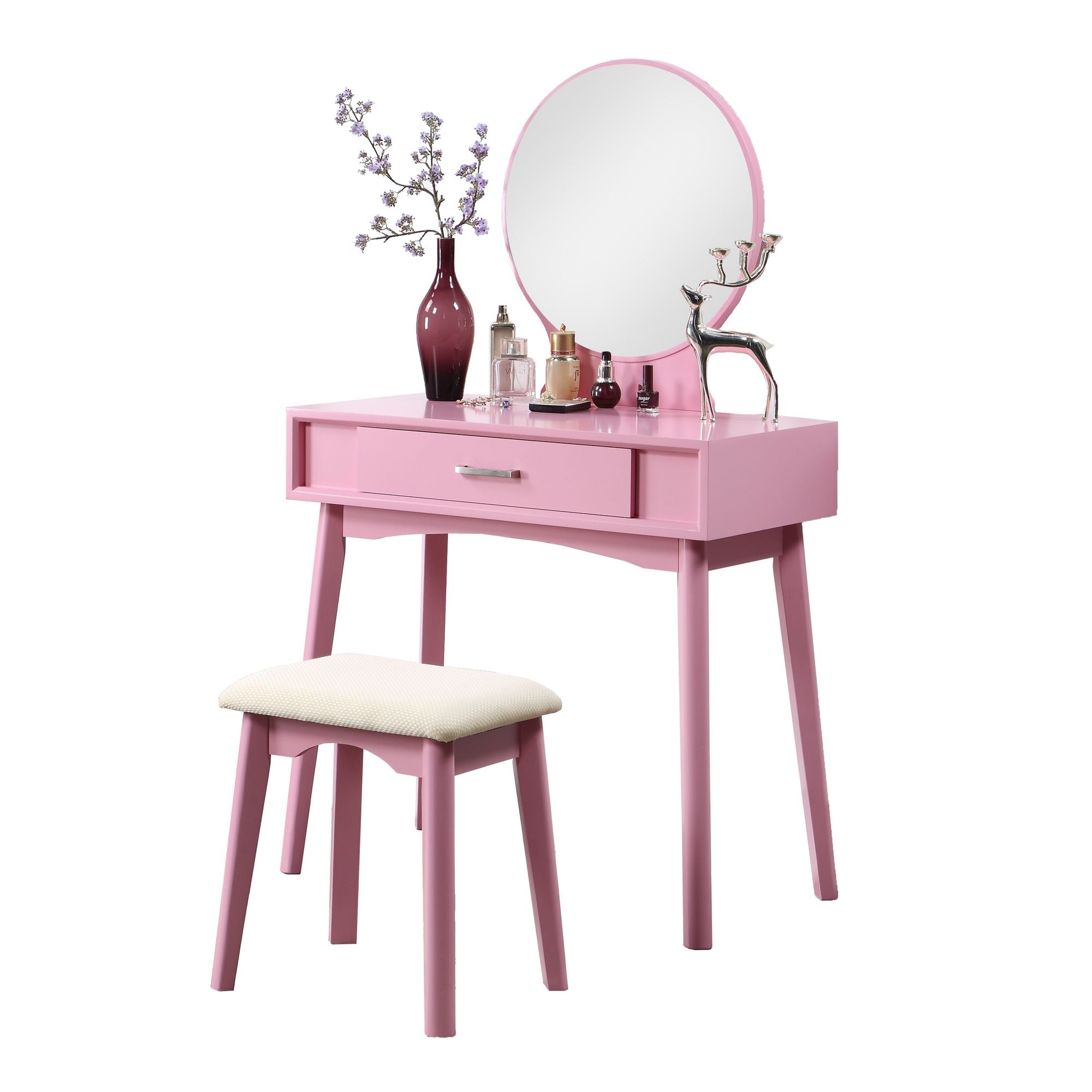 Maly Contemporary Vanity and Stool Set in Pink