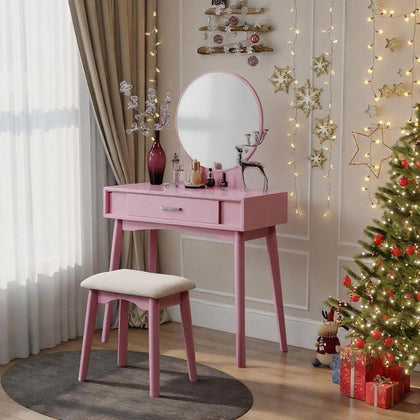 Maly Contemporary Vanity and Stool Set in Pink