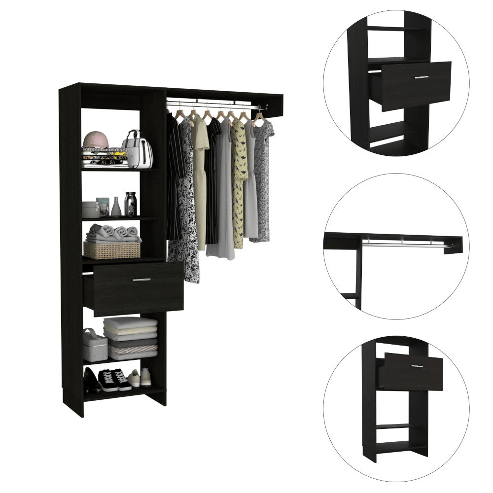 Manchester 150 Closet System with Five Open Shelves, One Drawer, and Metal Rod