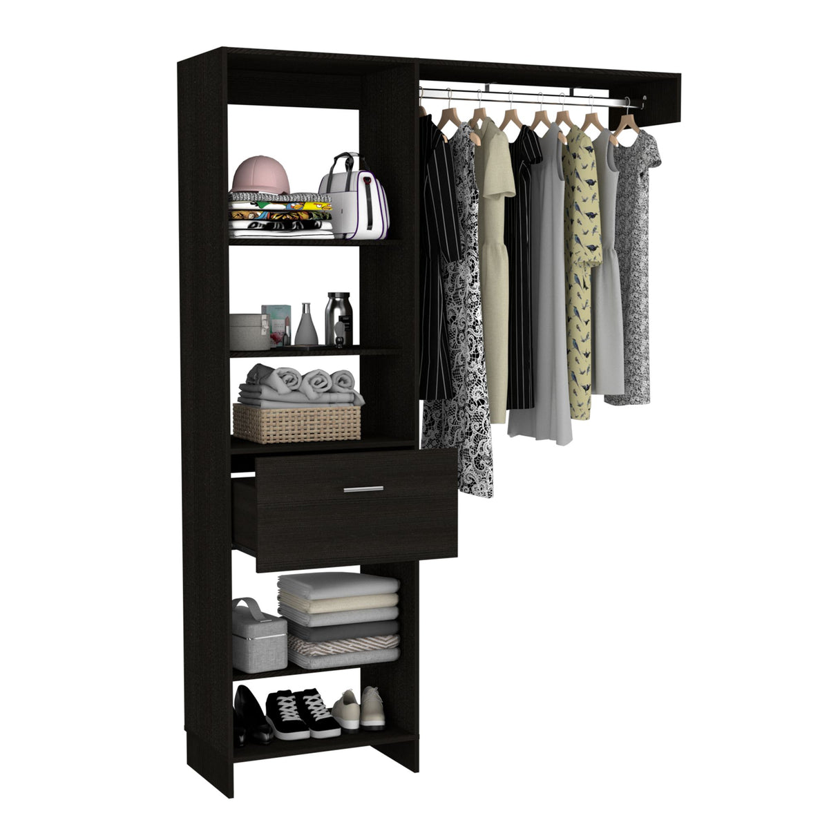 Manchester 150 Closet System with Five Open Shelves, One Drawer, and Metal Rod